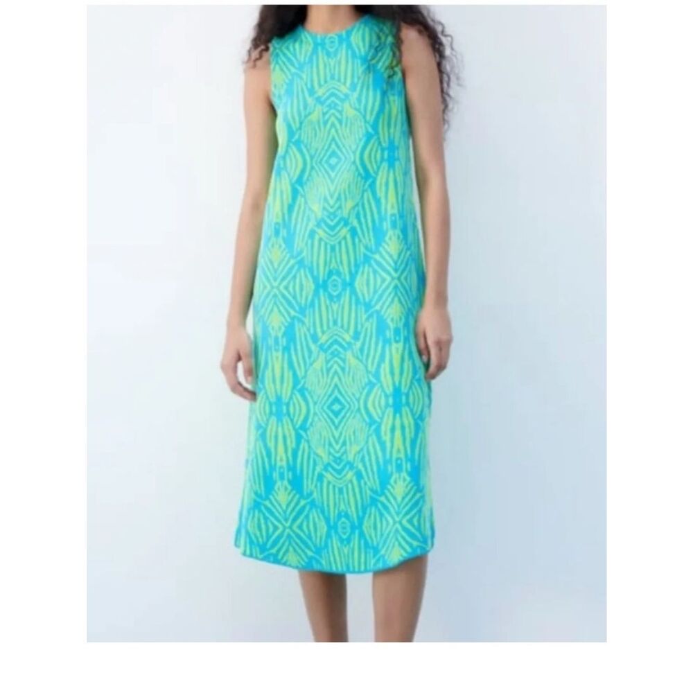 NWOT Zara Bright Blue and Green knit dress Ikaet print Small